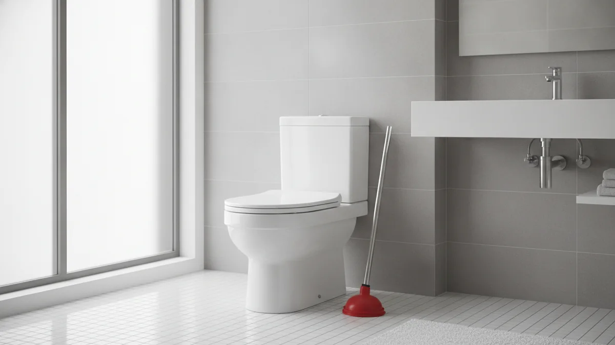 Desentupidor de borracha vermelho encostado a uma sanita branca numa casa de banho moderna
