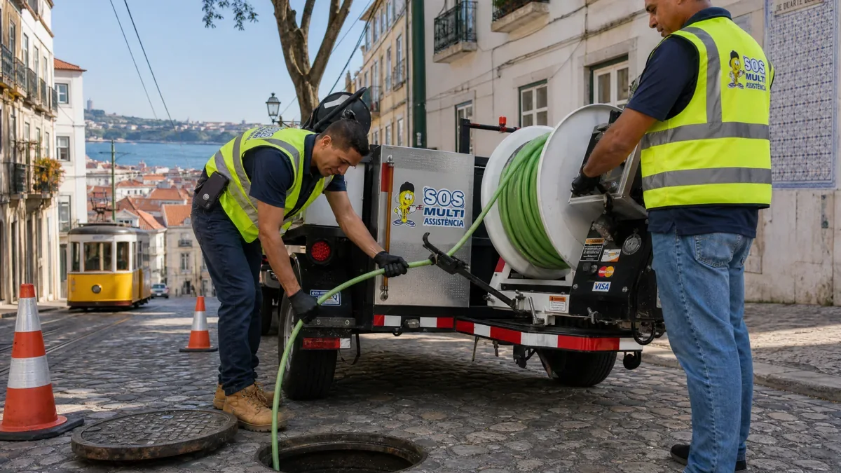 Desentupimento com jato de água de alta pressão numa tubagem