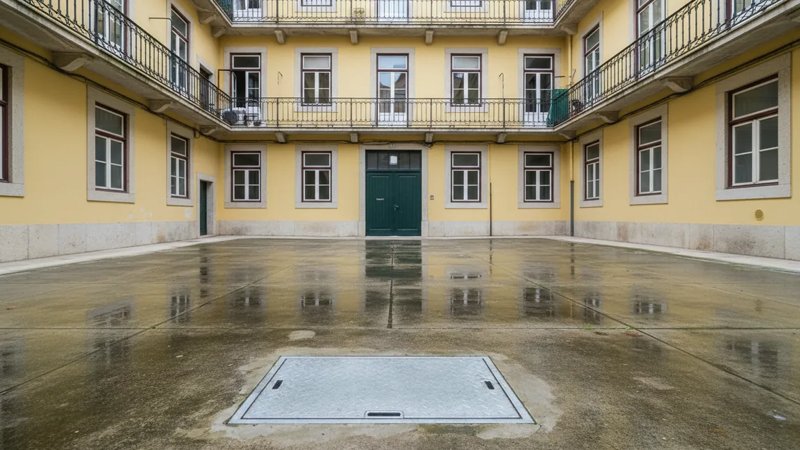 Tampa metálica de uma caixa de inspeção no chão molhado do pátio interior de um prédio de habitação