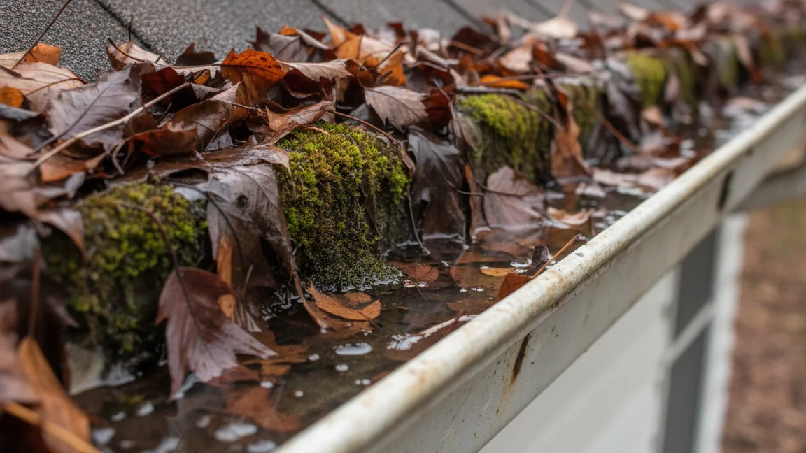 A gutter blocked with leaves and moss before cleaning