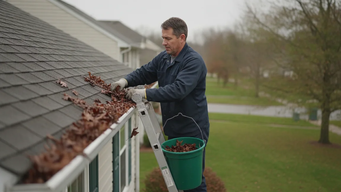 A technician clearing leaves from a gutter