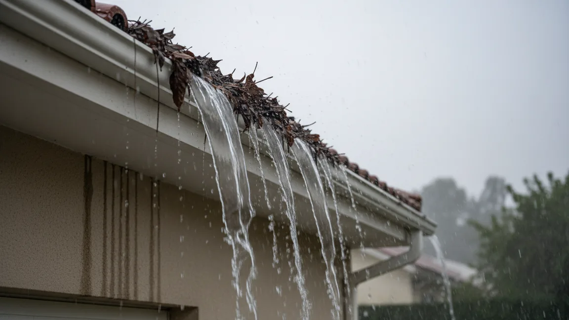 Água da chuva a transbordar em cortina sobre o rebordo de uma caleira entupida com folhas, durante chuva intensa, escorrendo pela fachada de uma habitação sob céu encoberto