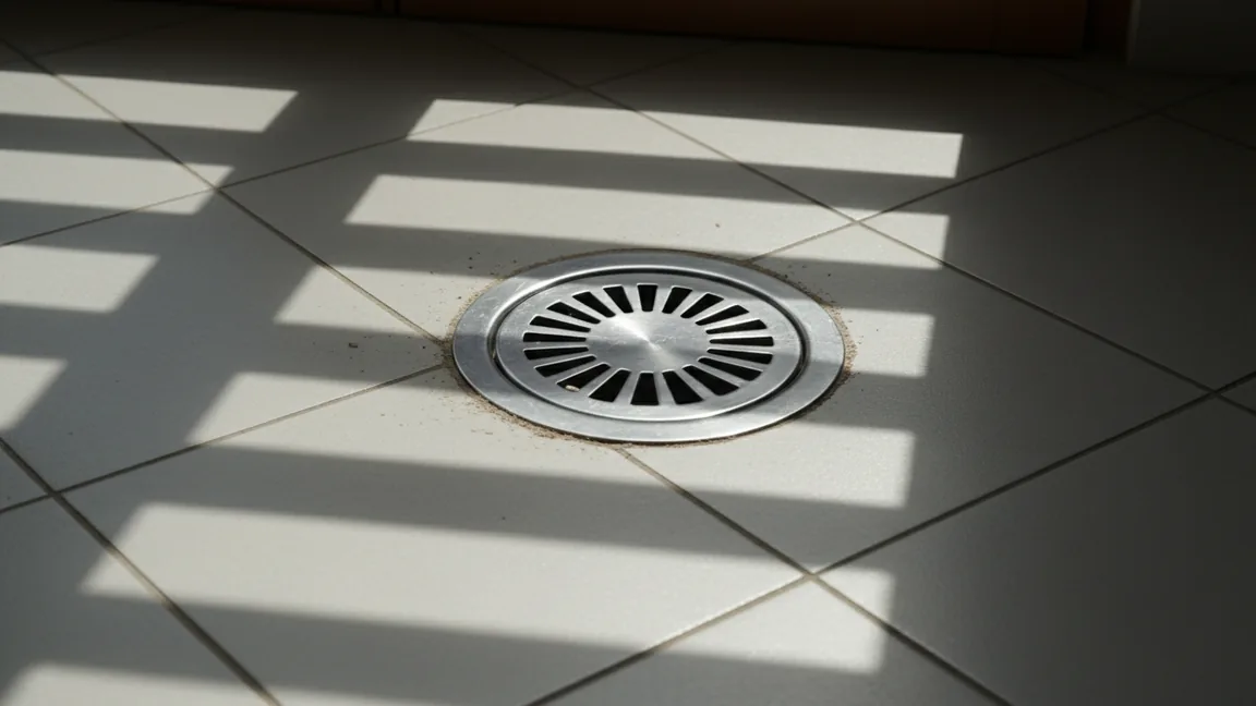Ralo de chão em inox com pó à volta, iluminado pela luz que passa pelas portadas de uma janela