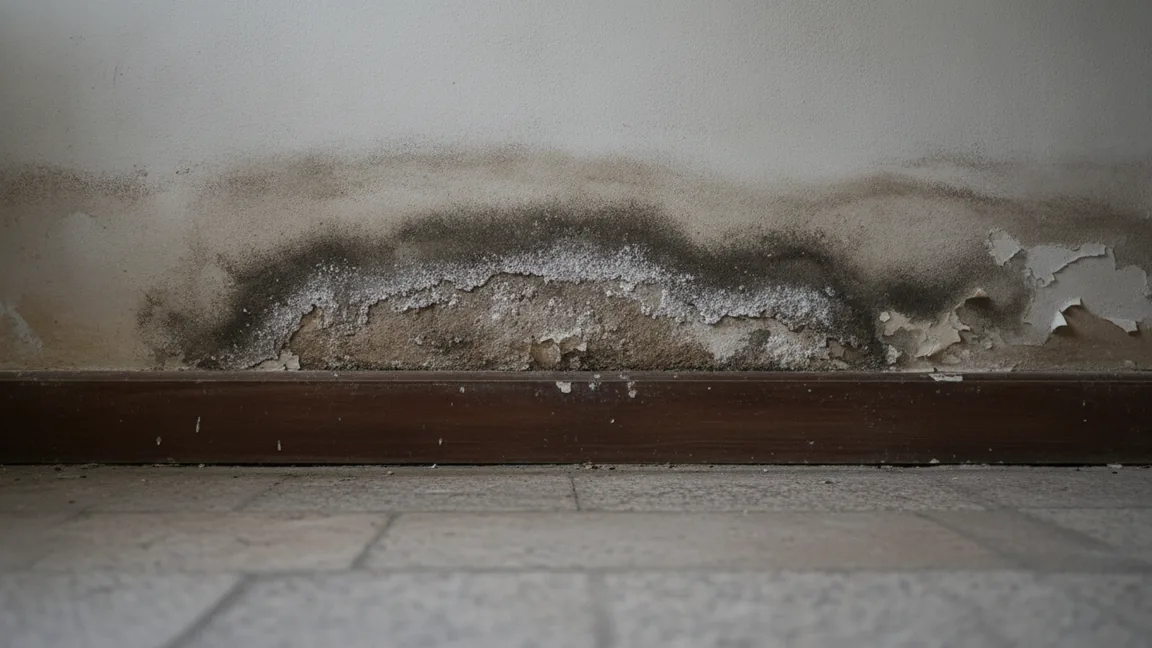 Base de uma parede interior com faixa escura de humidade, cristais brancos de salitre e tinta a descascar junto ao rodapé