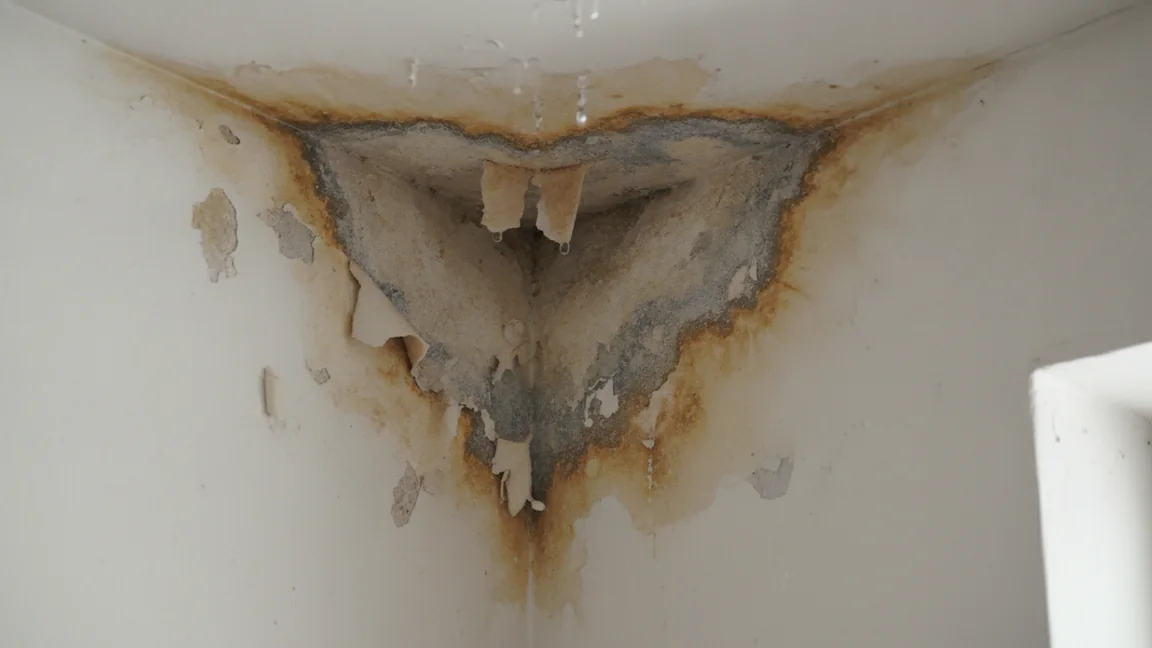 Mancha de humidade acastanhada num canto de teto, com tinta a descascar, sinal típico de infiltração vinda de cima