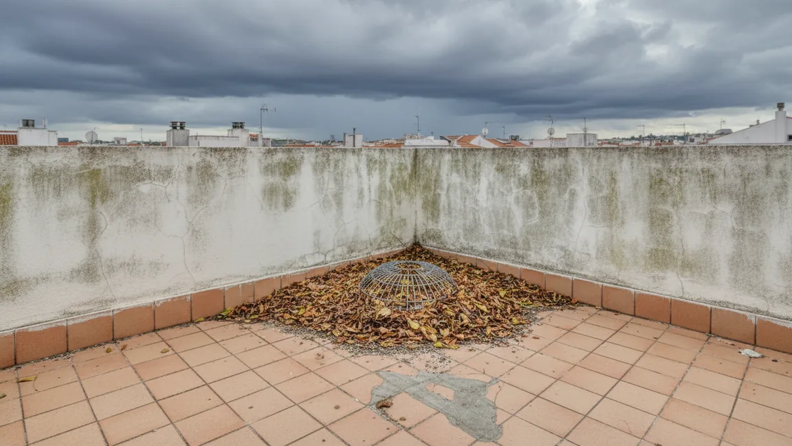Ralo de pinha num terraço plano meio coberto por folhas secas, com nuvens escuras no céu